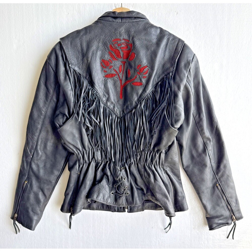 Vintage UNIK Premium Rose Fringe Motorcycle Leather Jacket Black Women’s Large - Picture 4 of 12